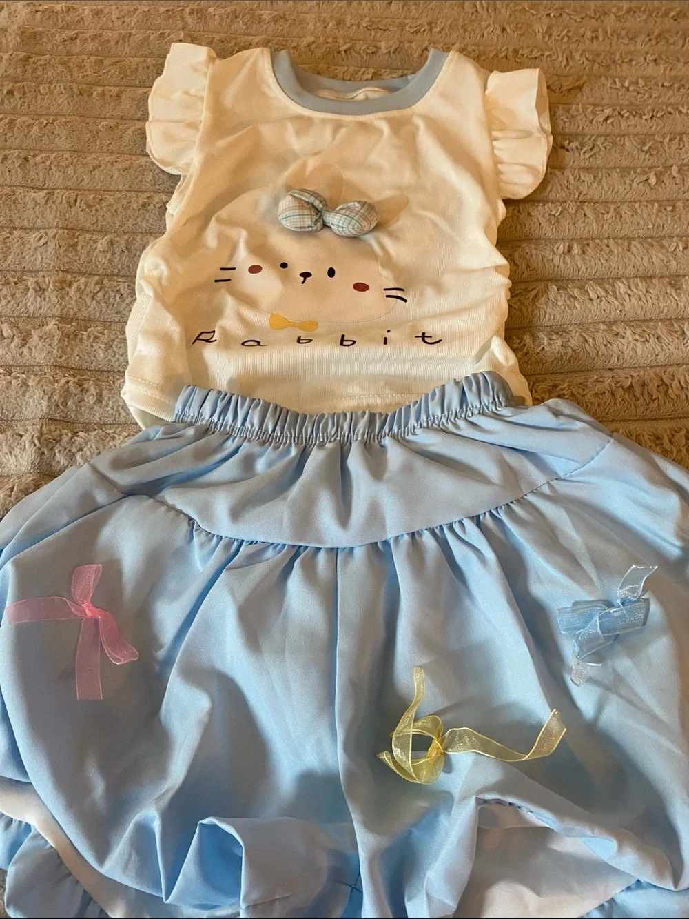 NWOT, Kids Blue Ruffle Skirt & Cream Bunny Top Set